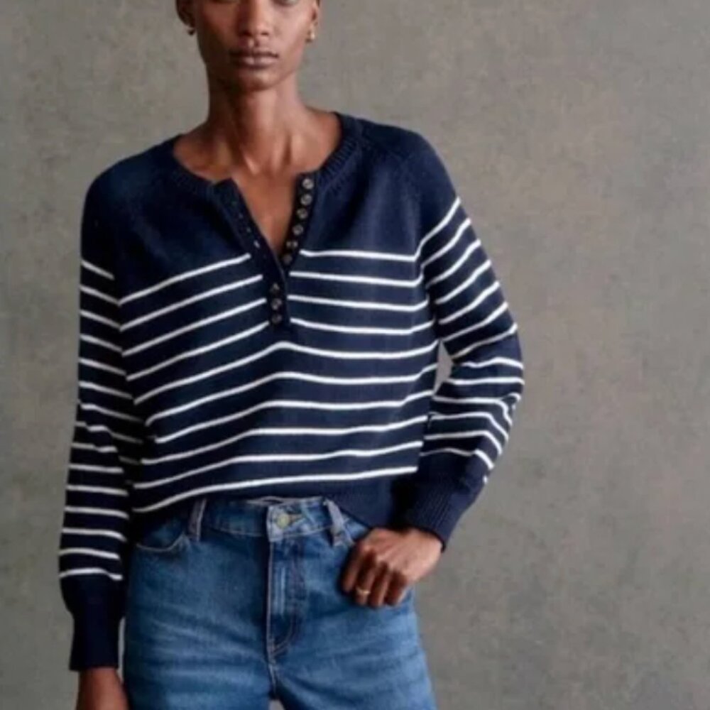 Sezane Leontine Jumper Striped Navy Ecru Henley Sweater Size XL